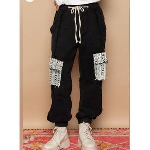 POL Black Crochet Lace Patchwork Distressed Denim Cargo Joggers Large lagenlook